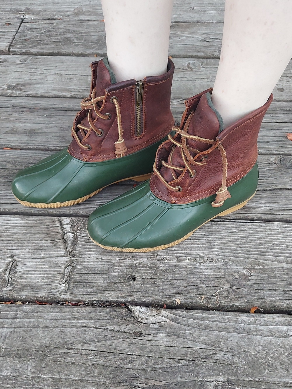 Sperry Green and Brown Leather Duck Boots with Side Zip